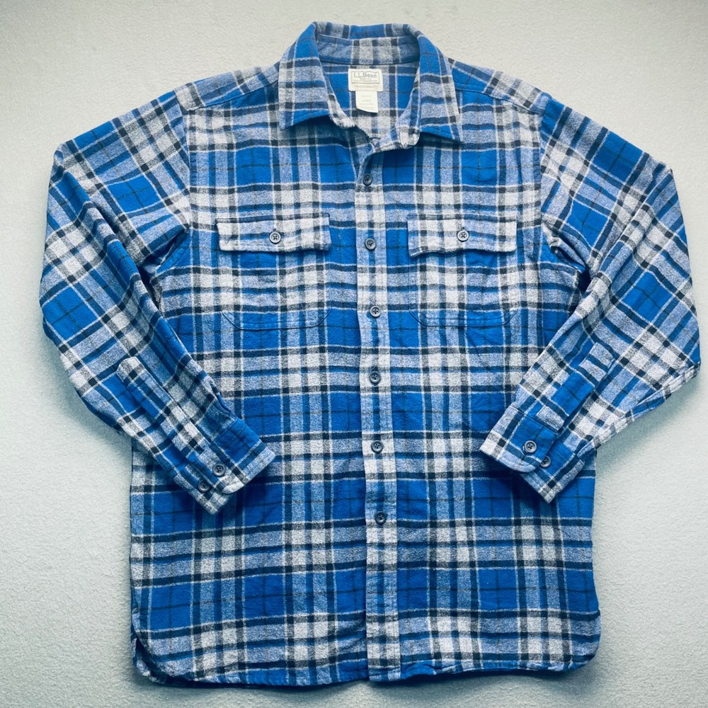 LLBean Mens Plaid Flannel Shirt Blue Gray Black Traditional Fit‎ M-REG Cotton